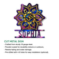 Yoga lotus metal sign with an Om symbol and vivid purple, blue, and gold spiritual artwork