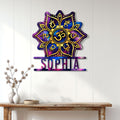 Yoga meditation metal sign displayed on a light wood-paneled wall above a console table