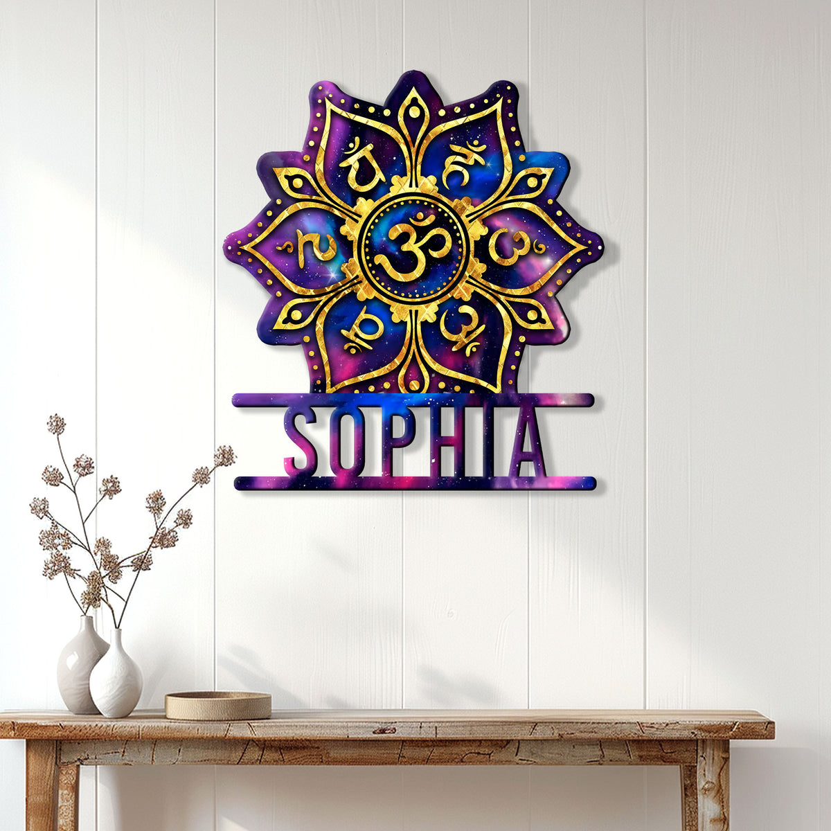 Yoga meditation metal sign displayed on a light wood-paneled wall above a console table