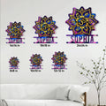 Yoga lotus metal sign size guide showing 8x8, 10x10, 12x12, 14x14, 18x18, and 24x24 inch options