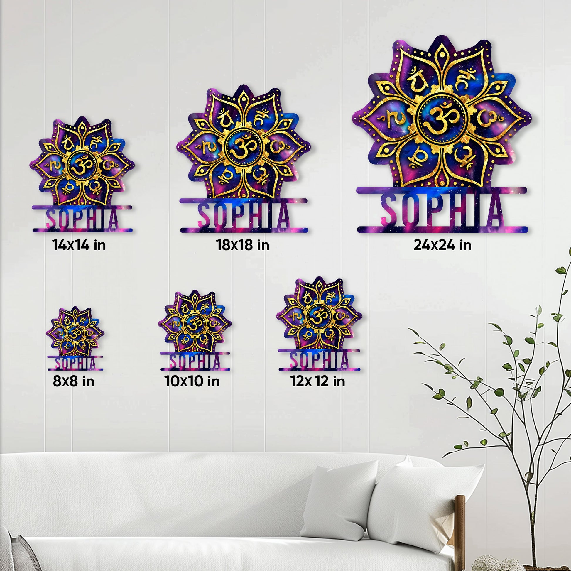 Yoga lotus metal sign size guide showing 8x8, 10x10, 12x12, 14x14, 18x18, and 24x24 inch options