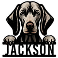 Custom Weimaraner metal sign featuring a front-facing dog portrait with paws resting over a bold base