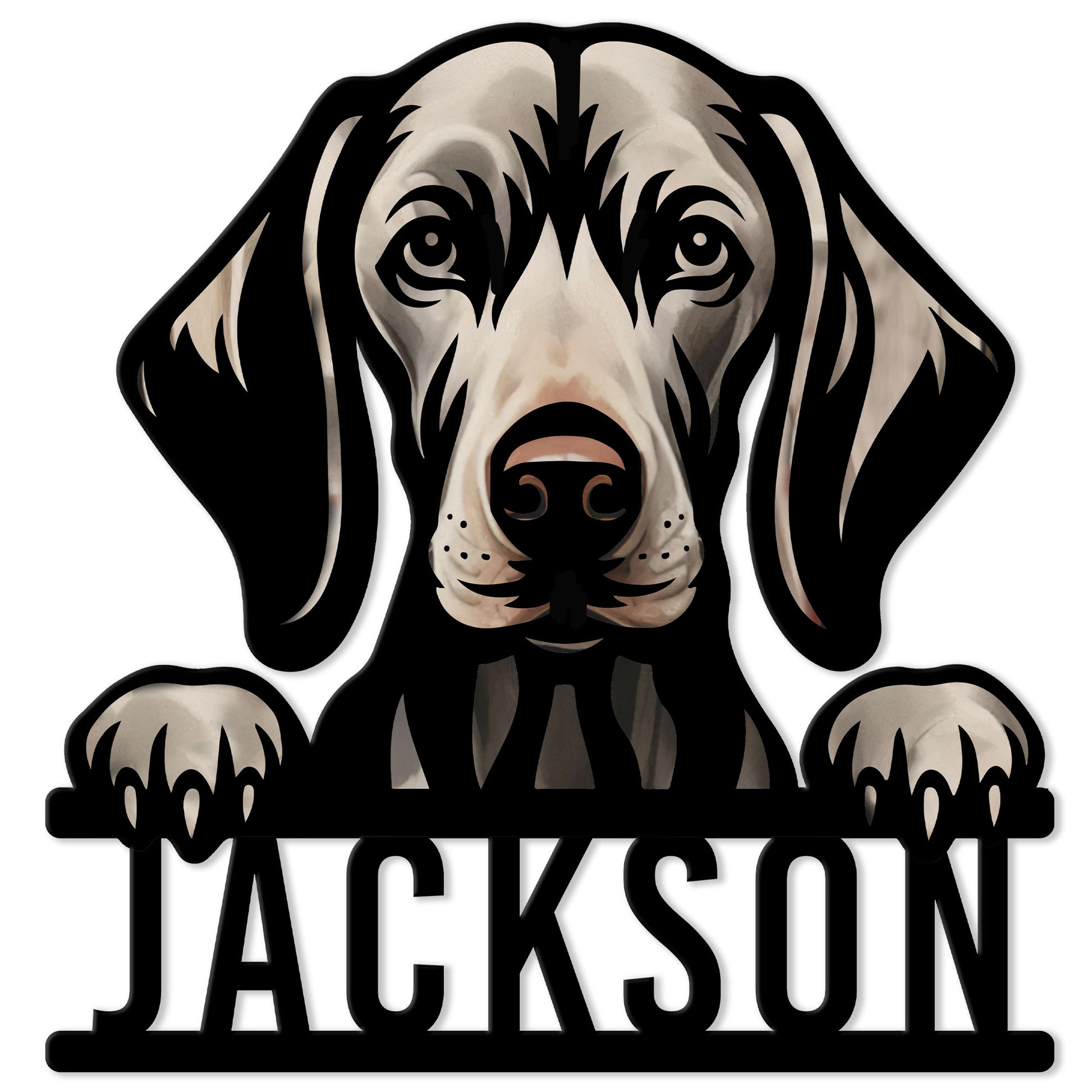 Custom Weimaraner metal sign featuring a front-facing dog portrait with paws resting over a bold base