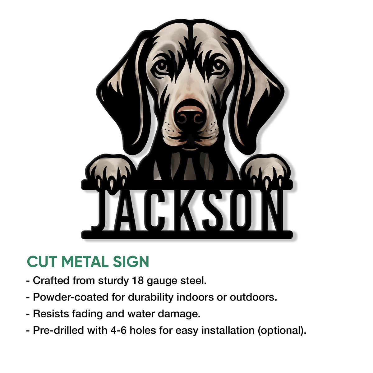 Weimaraner cut metal sign feature graphic showing the dog portrait and product presentation details