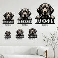 Weimaraner metal sign size guide showing multiple square size options in a bright living room setting