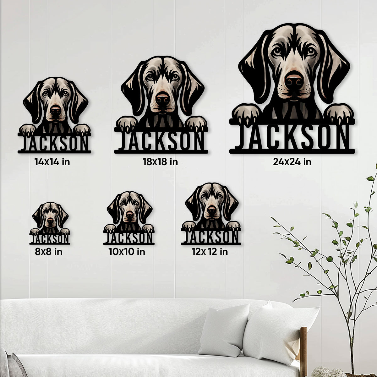 Weimaraner metal sign size guide showing multiple square size options in a bright living room setting
