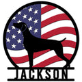 Patriotic Weimaraner metal sign with a black dog silhouette against an American flag design