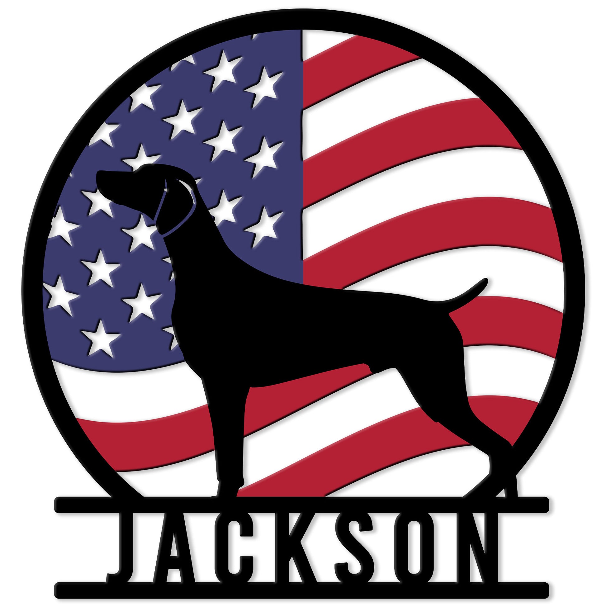 Patriotic Weimaraner metal sign with a black dog silhouette against an American flag design