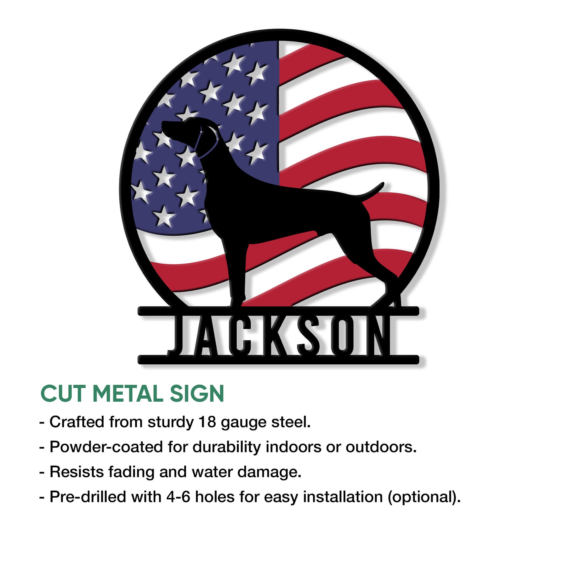 Weimaraner dog silhouette metal sign shown with a close-up of its cut metal design