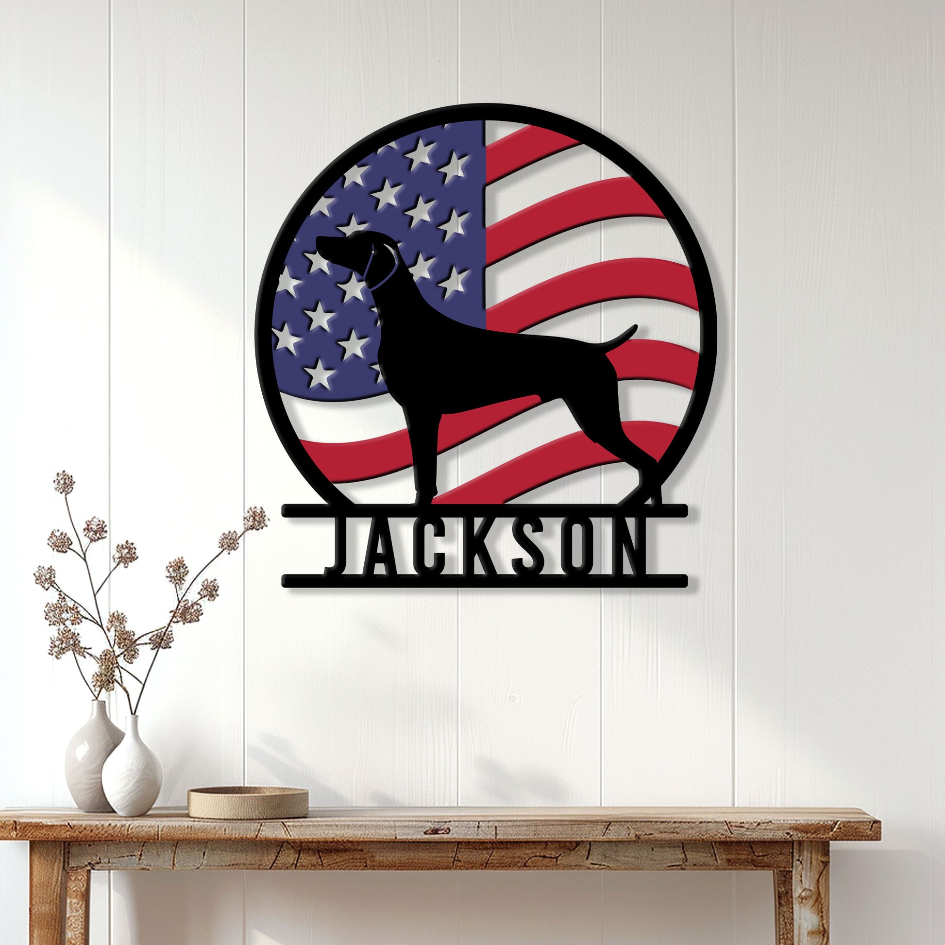 Patriotic Weimaraner wall sign displayed on a bright home entryway console