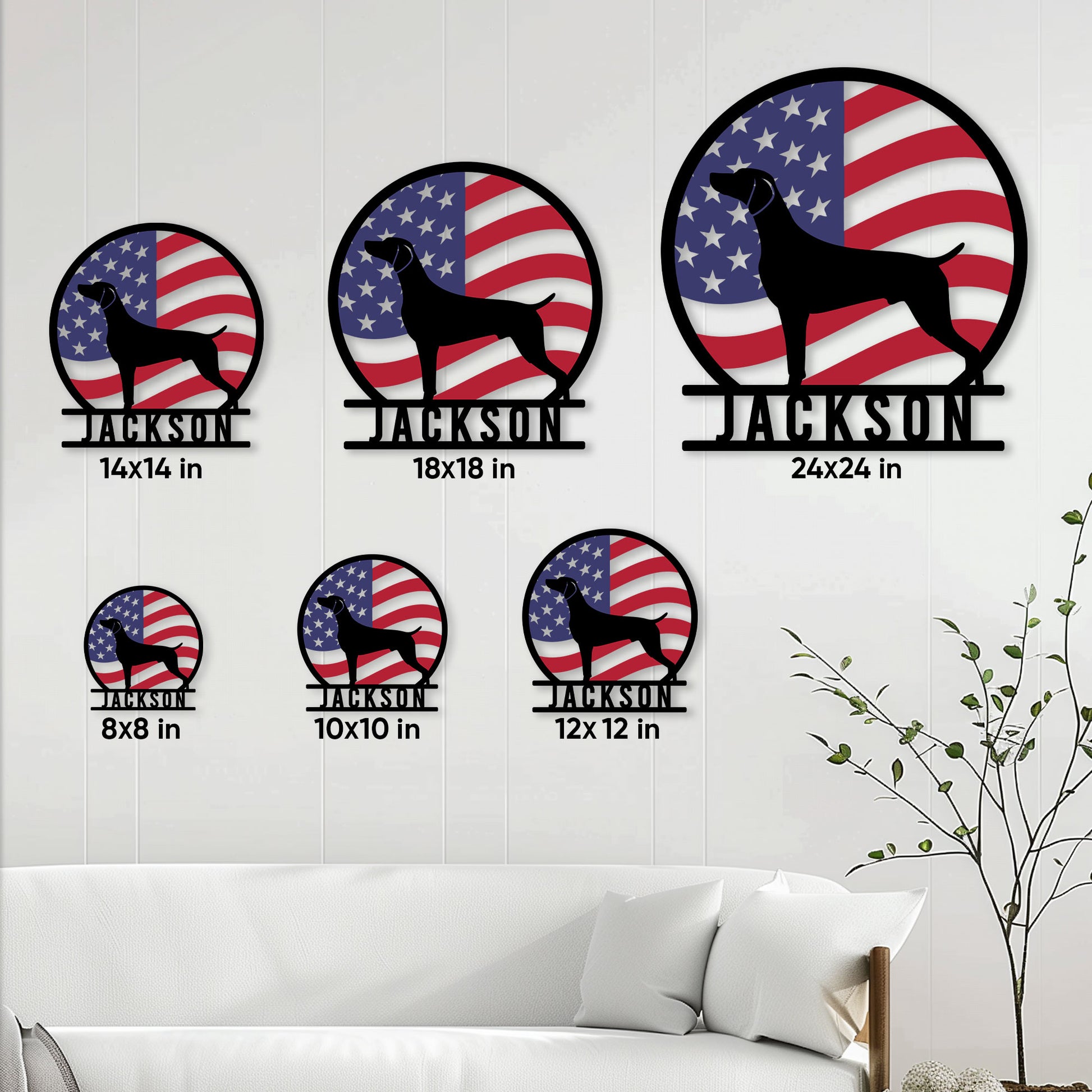 Weimaraner metal sign shown in multiple size options above a living room sofa