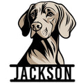 Custom Weimaraner metal sign featuring a detailed seated dog portrait in bold black and tan artwork