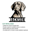Weimaraner cut metal sign product guide showing the dog portrait and indoor or outdoor display features