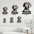 Weimaraner metal sign size guide showing six available square sizes in a living room setting
