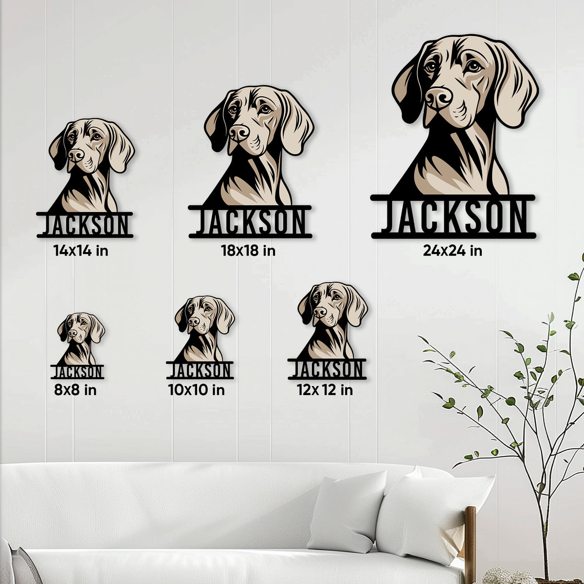 Weimaraner metal sign size guide showing six available square sizes in a living room setting