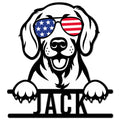 Custom Weimaraner metal sign featuring a cheerful dog portrait wearing American flag sunglasses