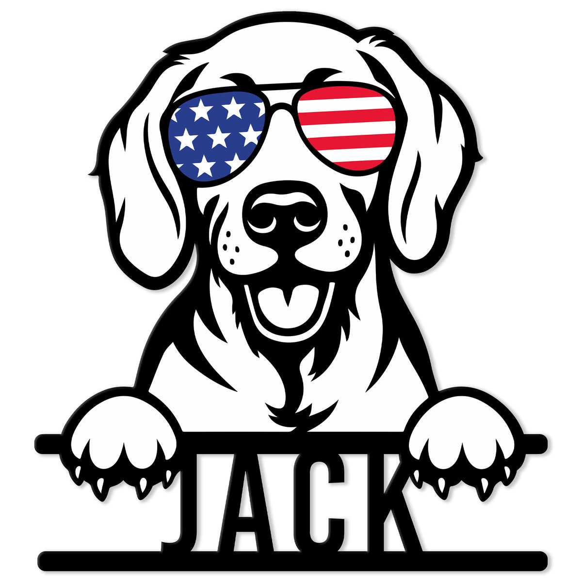 Custom Weimaraner metal sign featuring a cheerful dog portrait wearing American flag sunglasses