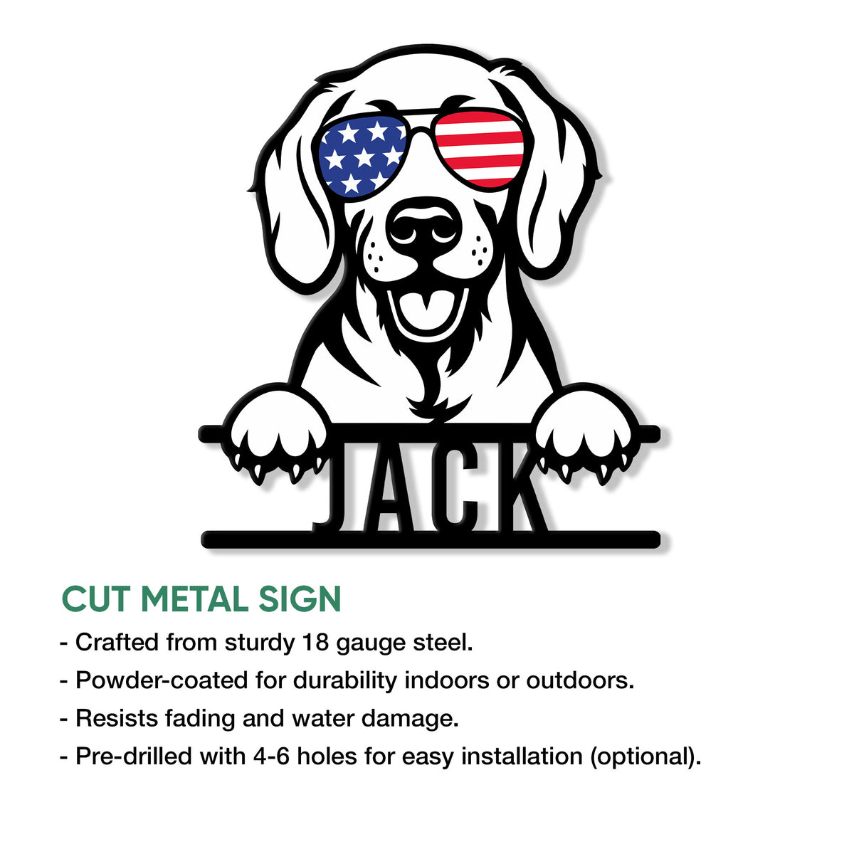 Weimaraner dog metal sign shown as a cut steel design with a bold patriotic portrait