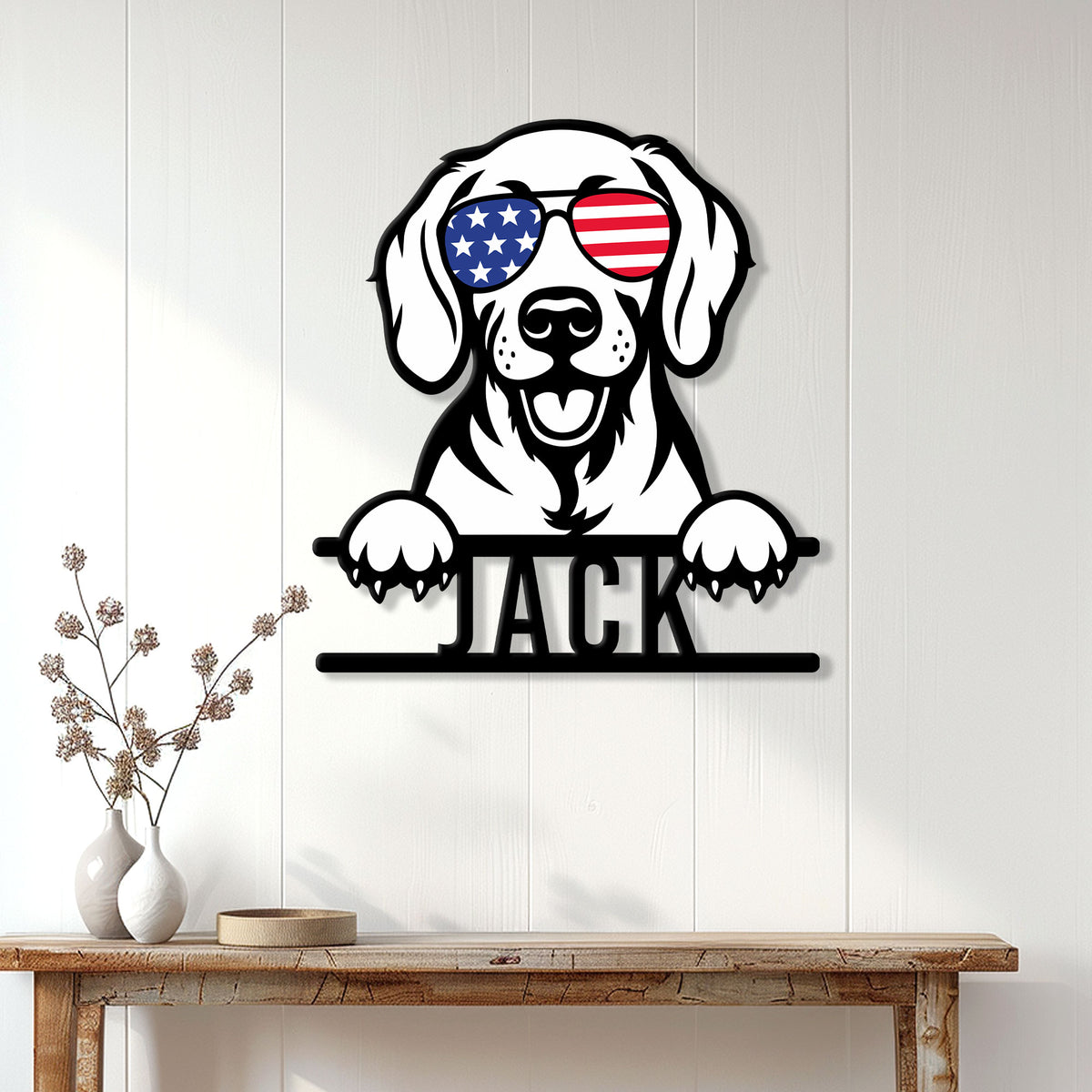 Weimaraner wall sign displayed in a bright home entryway with a playful patriotic dog design