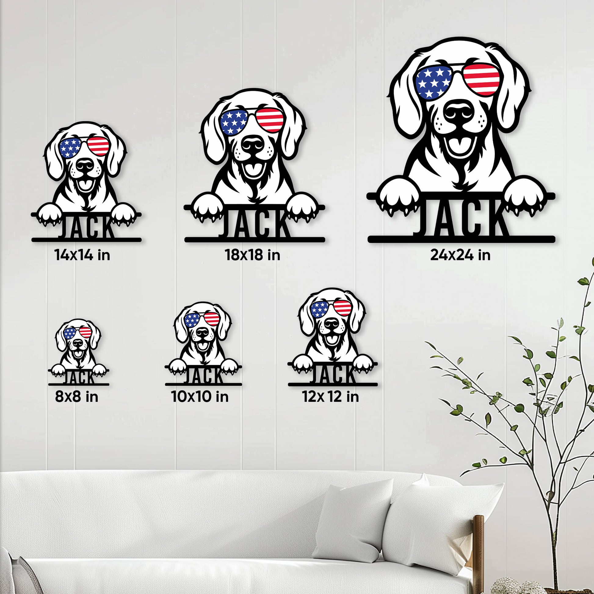 Weimaraner metal sign size guide showing available square dimensions from 8x8 to 24x24 inches