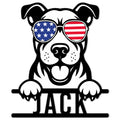 Patriotic American Staffordshire Terrier metal sign featuring a bold dog portrait in flag-patterned sunglasses