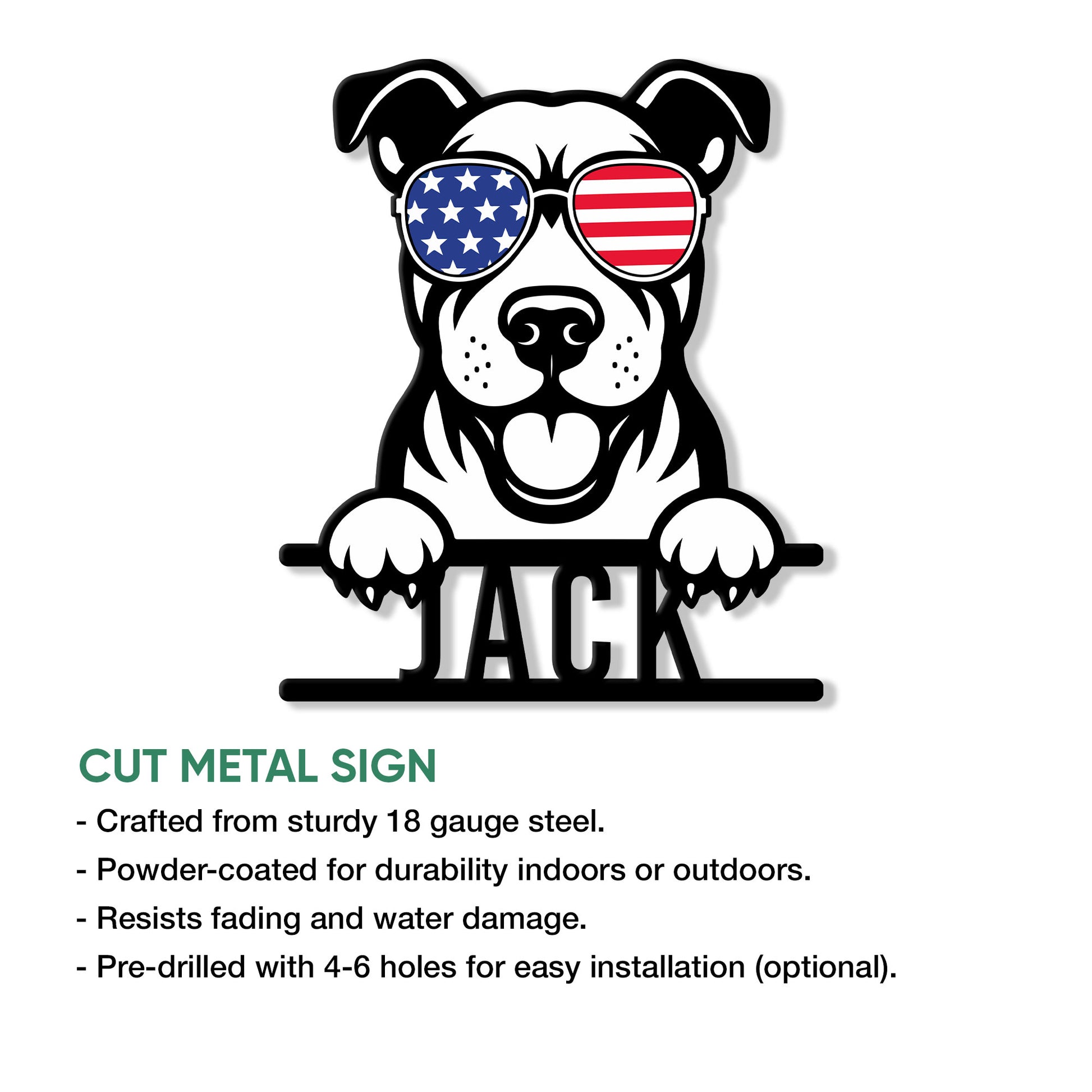 American Staffordshire Terrier metal sign feature graphic showing the patriotic dog artwork and cut-metal sign design