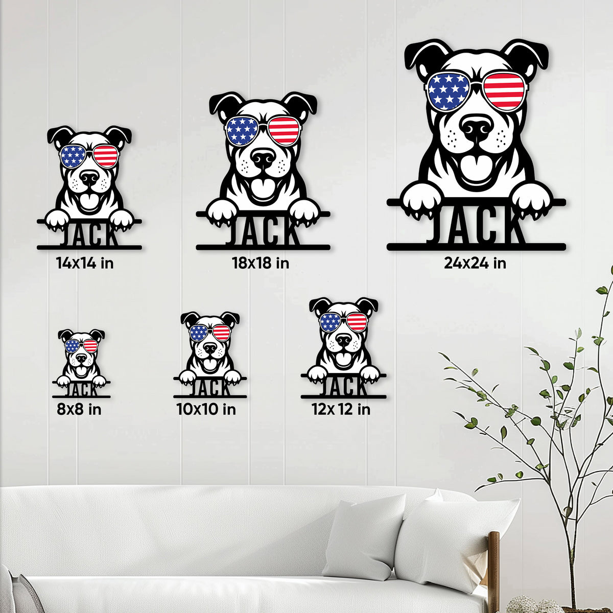 American Staffordshire Terrier metal sign size guide showing multiple available dimensions in a home setting