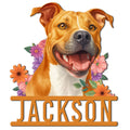 Custom American Staffordshire Terrier metal sign featuring a happy dog portrait framed by colorful flowers