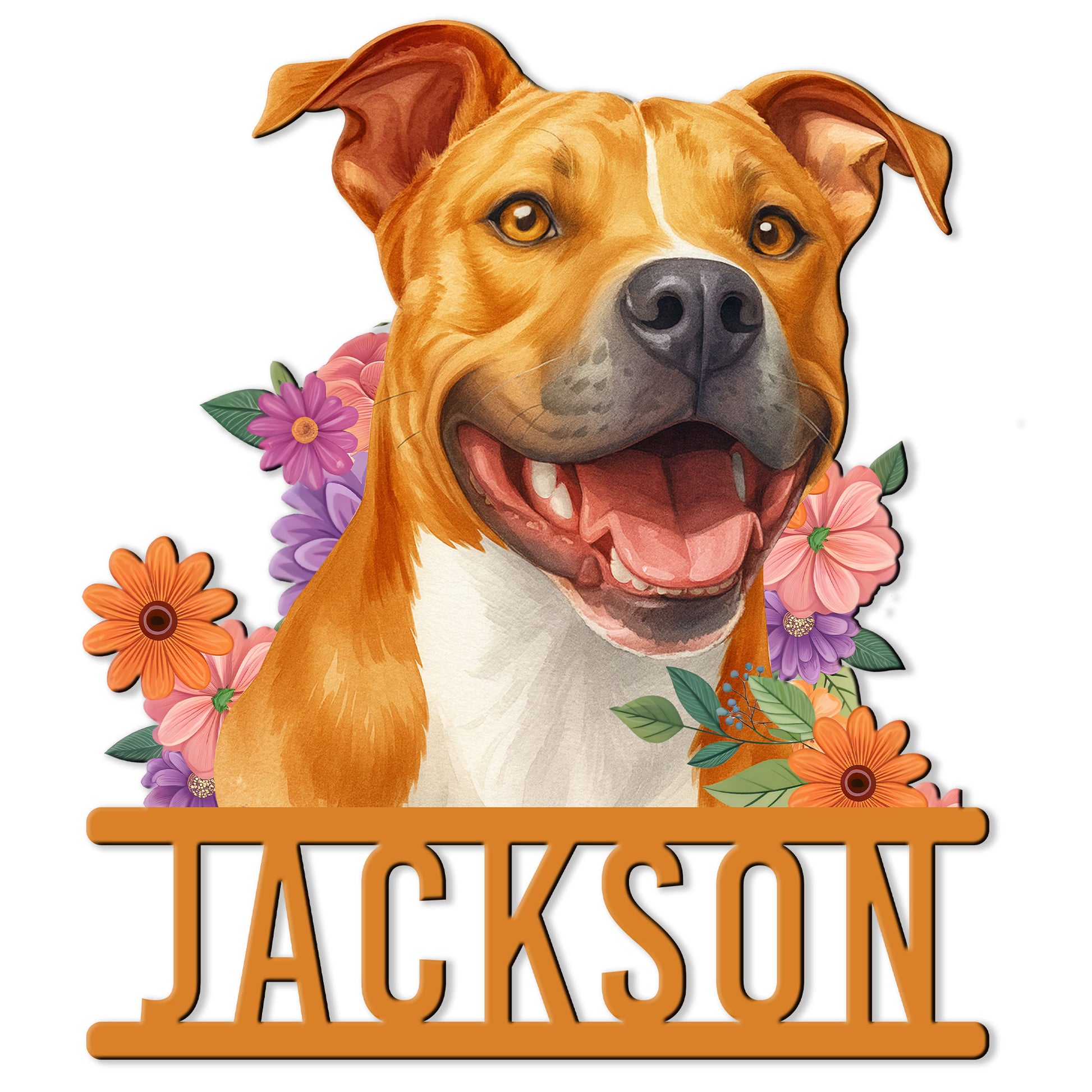 Custom American Staffordshire Terrier metal sign featuring a happy dog portrait framed by colorful flowers