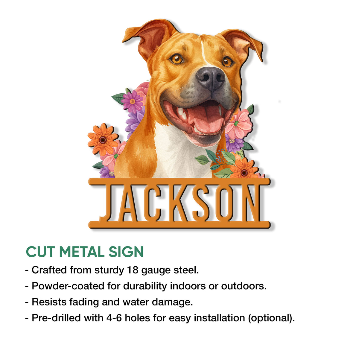 American Staffordshire Terrier metal sign shown with a floral dog portrait and product feature details