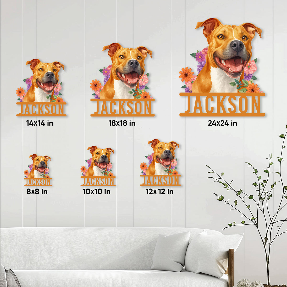 American Staffordshire Terrier metal sign shown in multiple size options on a living room wall