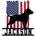 American Staffordshire Terrier silhouette metal sign with a patriotic American flag design and bold dog profile