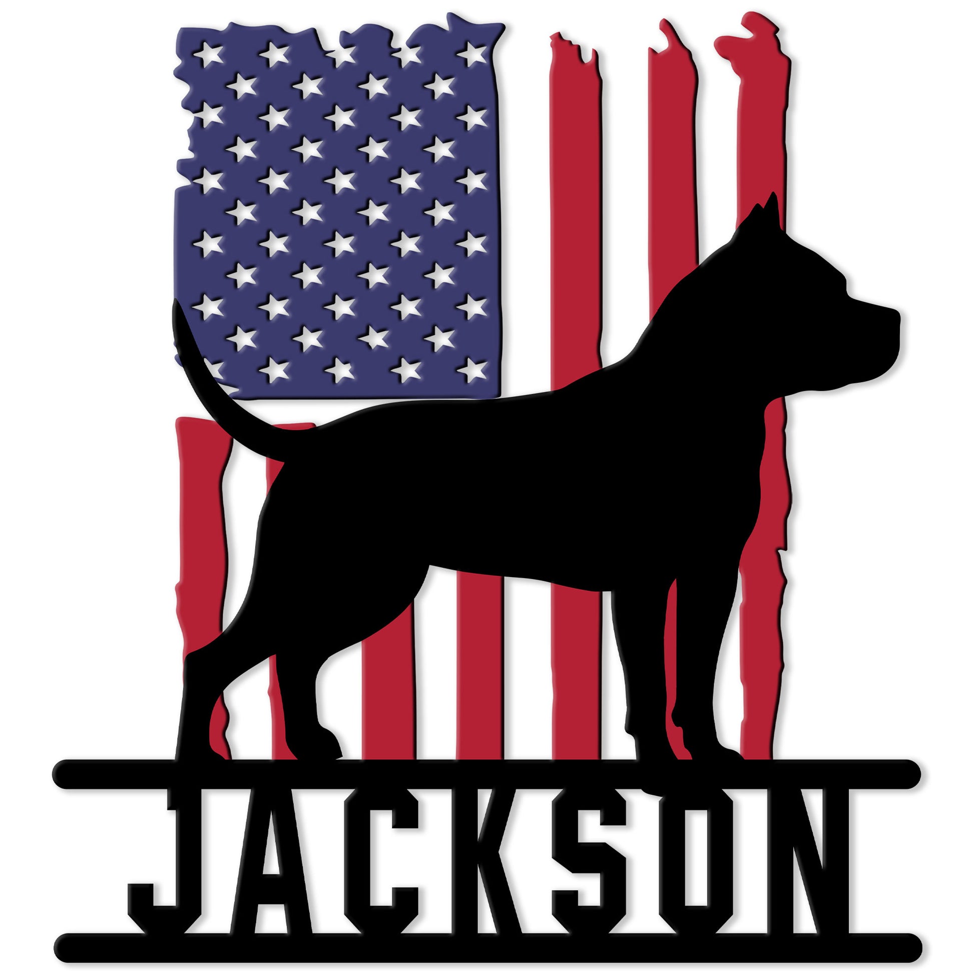American Staffordshire Terrier silhouette metal sign with a patriotic American flag design and bold dog profile