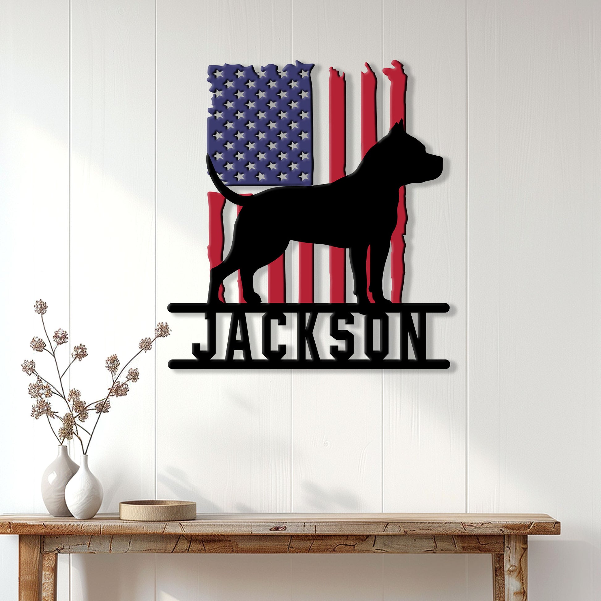 American Staffordshire Terrier wall sign displayed above a console table in a bright home interior