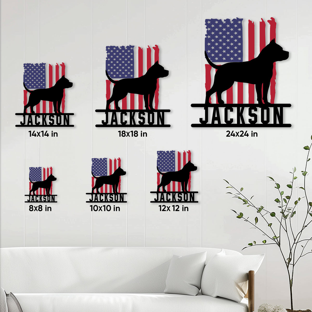 American Staffordshire Terrier metal sign size guide showing six available square size options