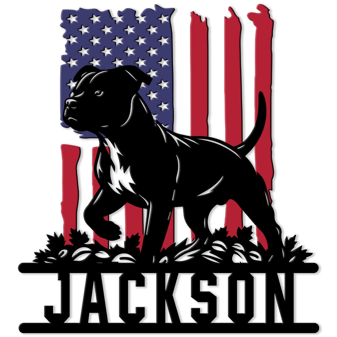 American Staffordshire Terrier metal sign with a bold black dog silhouette over a patriotic American flag
