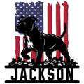 American Staffordshire Terrier metal sign with a bold black dog silhouette over a patriotic American flag