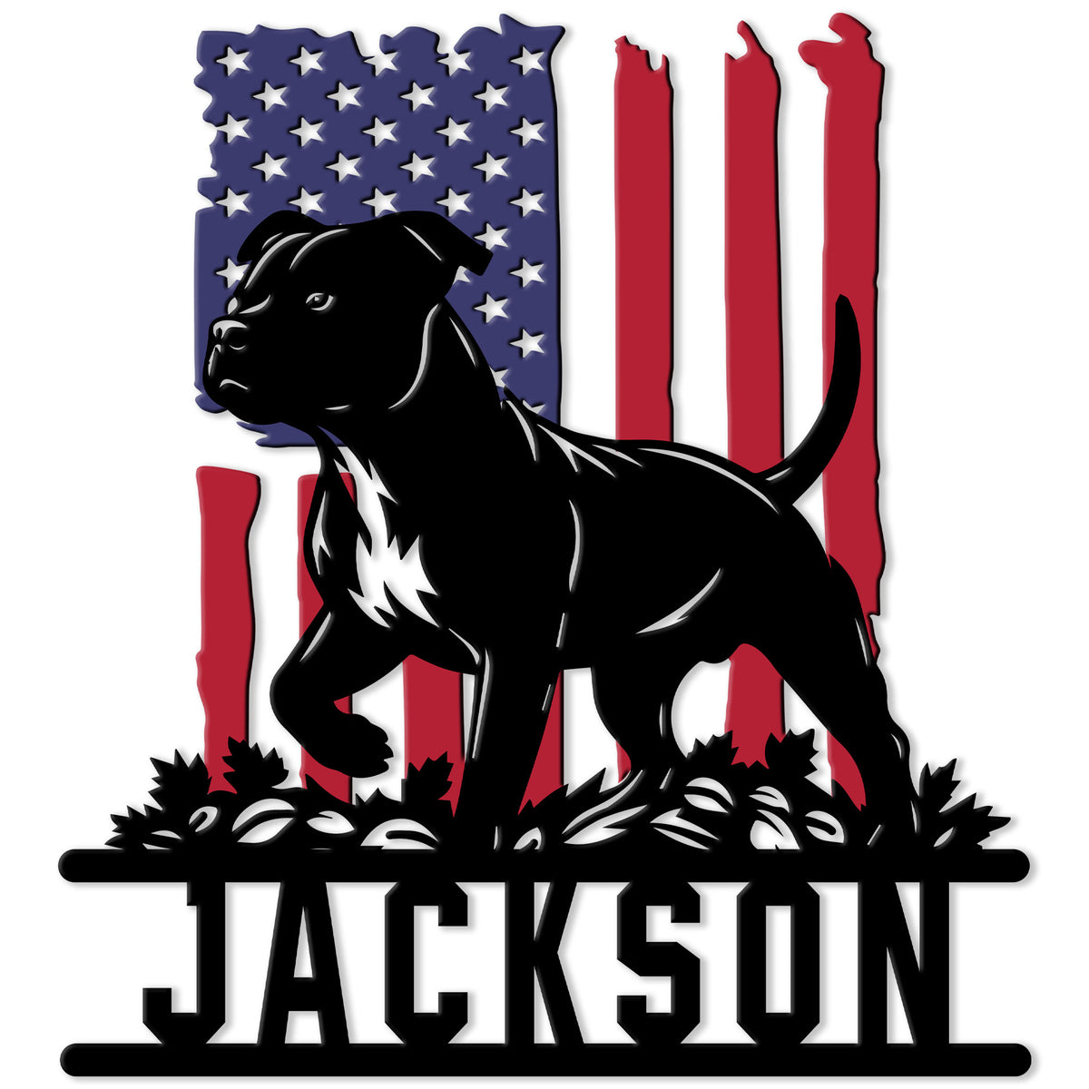 American Staffordshire Terrier metal sign with a bold black dog silhouette over a patriotic American flag
