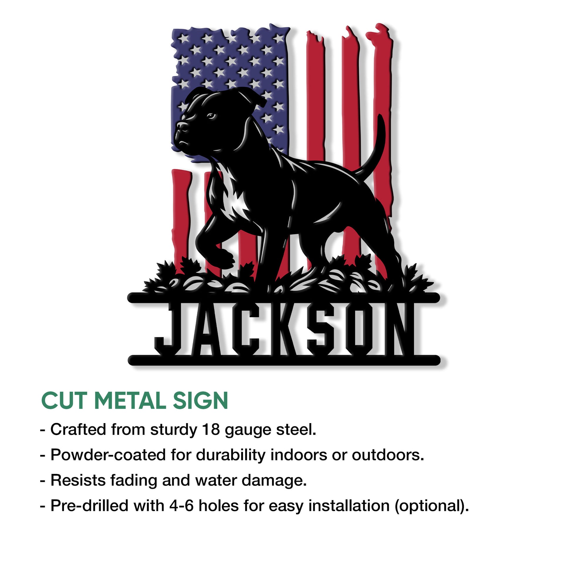 Cut metal American Staffordshire Terrier sign shown with a patriotic flag design and strong dog silhouette