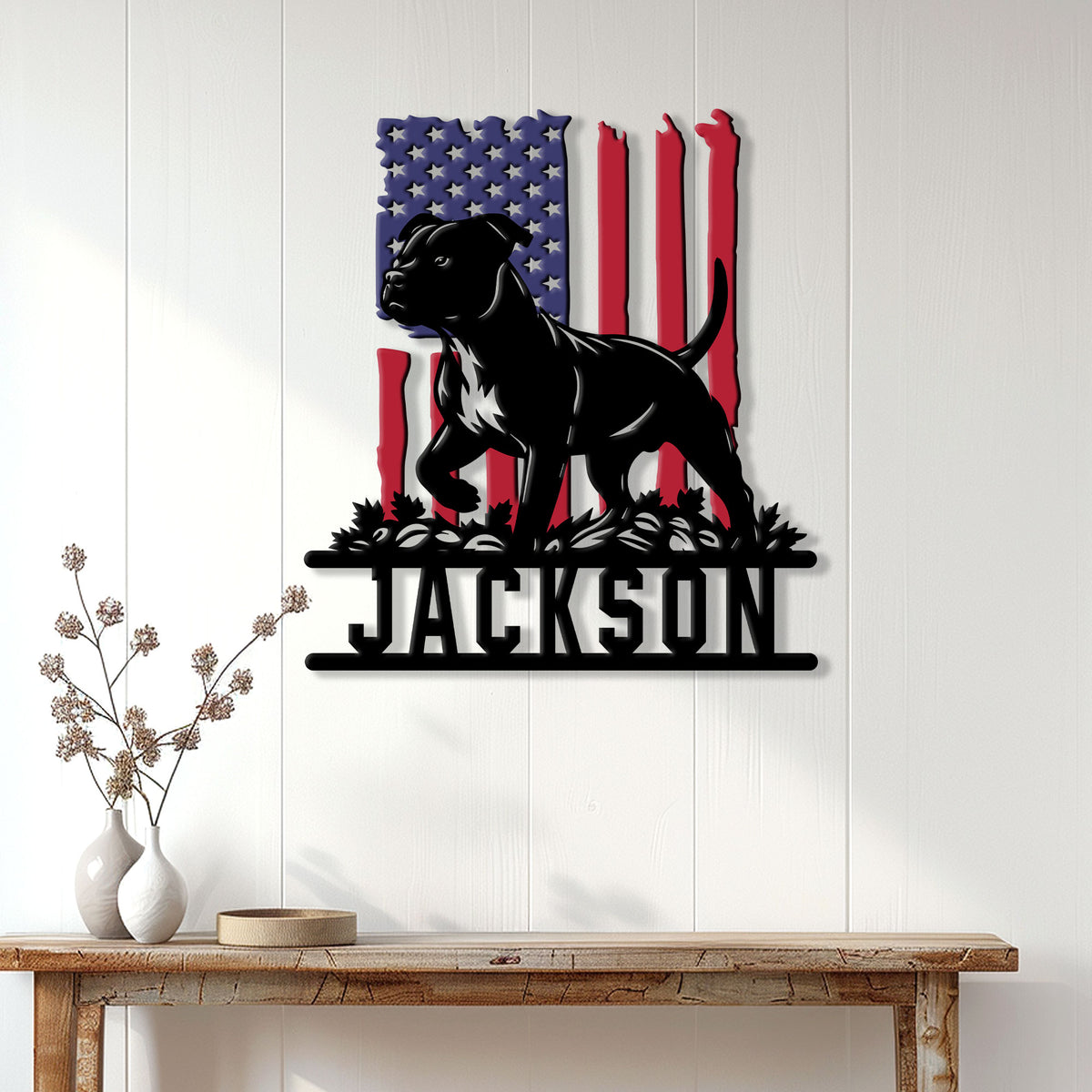 Patriotic American Staffordshire Terrier wall sign displayed on a bright paneled entryway wall