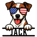 Patriotic Jack Russell metal sign featuring a playful dog wearing American flag sunglasses