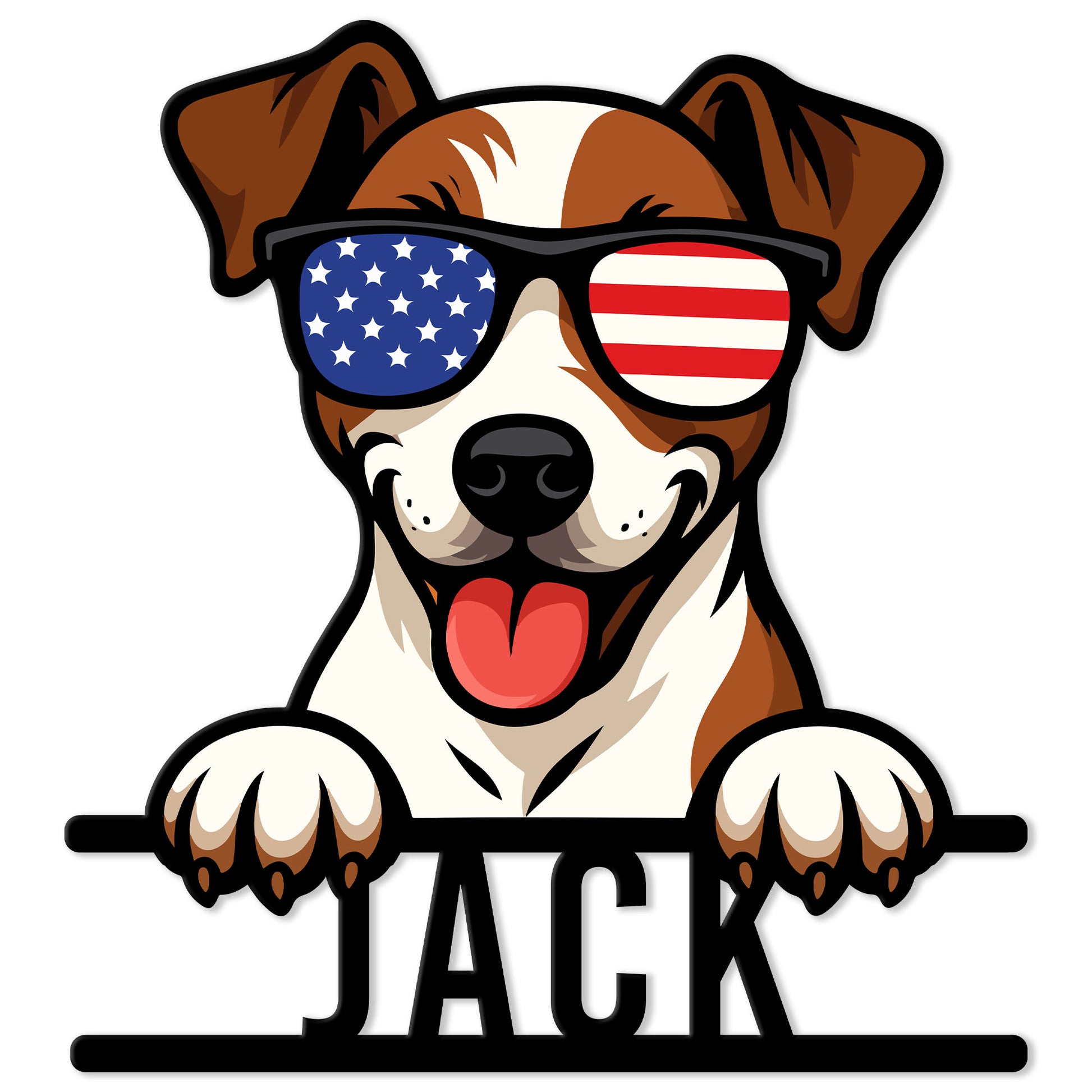 Patriotic Jack Russell metal sign featuring a playful dog wearing American flag sunglasses