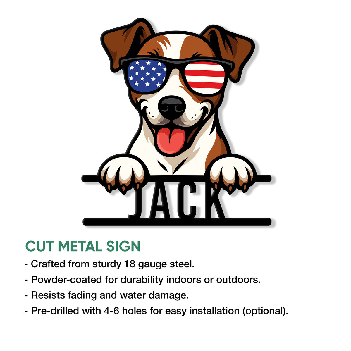 Patriotic Jack Russell metal sign shown in a product feature graphic
