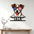 Patriotic Jack Russell dog sign displayed on a white paneled wall above a console table