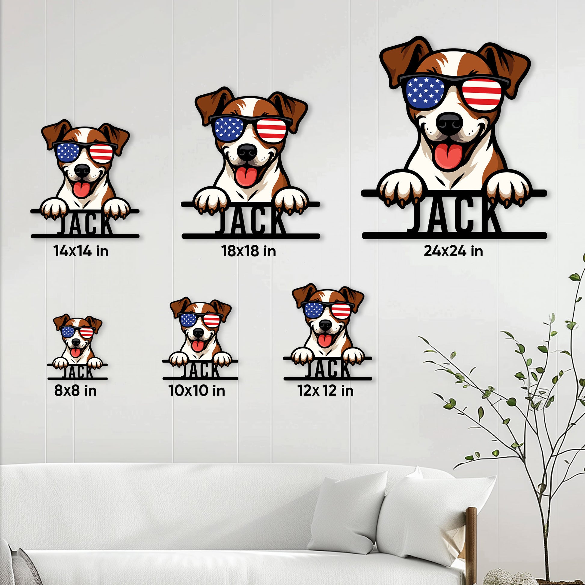 Jack Russell metal sign size guide showing available sizes from 8 by 8 to 24 by 24 inches