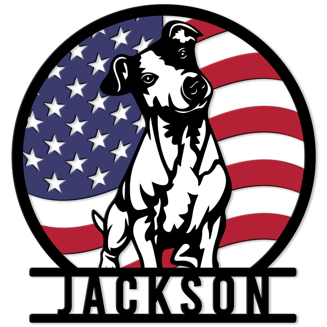 Custom Jack Russell metal sign featuring a black and white dog portrait against a patriotic American flag background