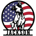 Custom Jack Russell metal sign featuring a black and white dog portrait against a patriotic American flag background
