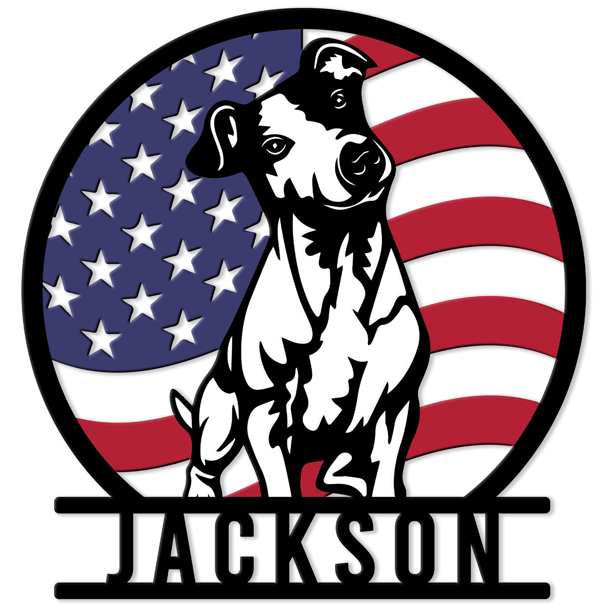 Custom Jack Russell metal sign featuring a black and white dog portrait against a patriotic American flag background