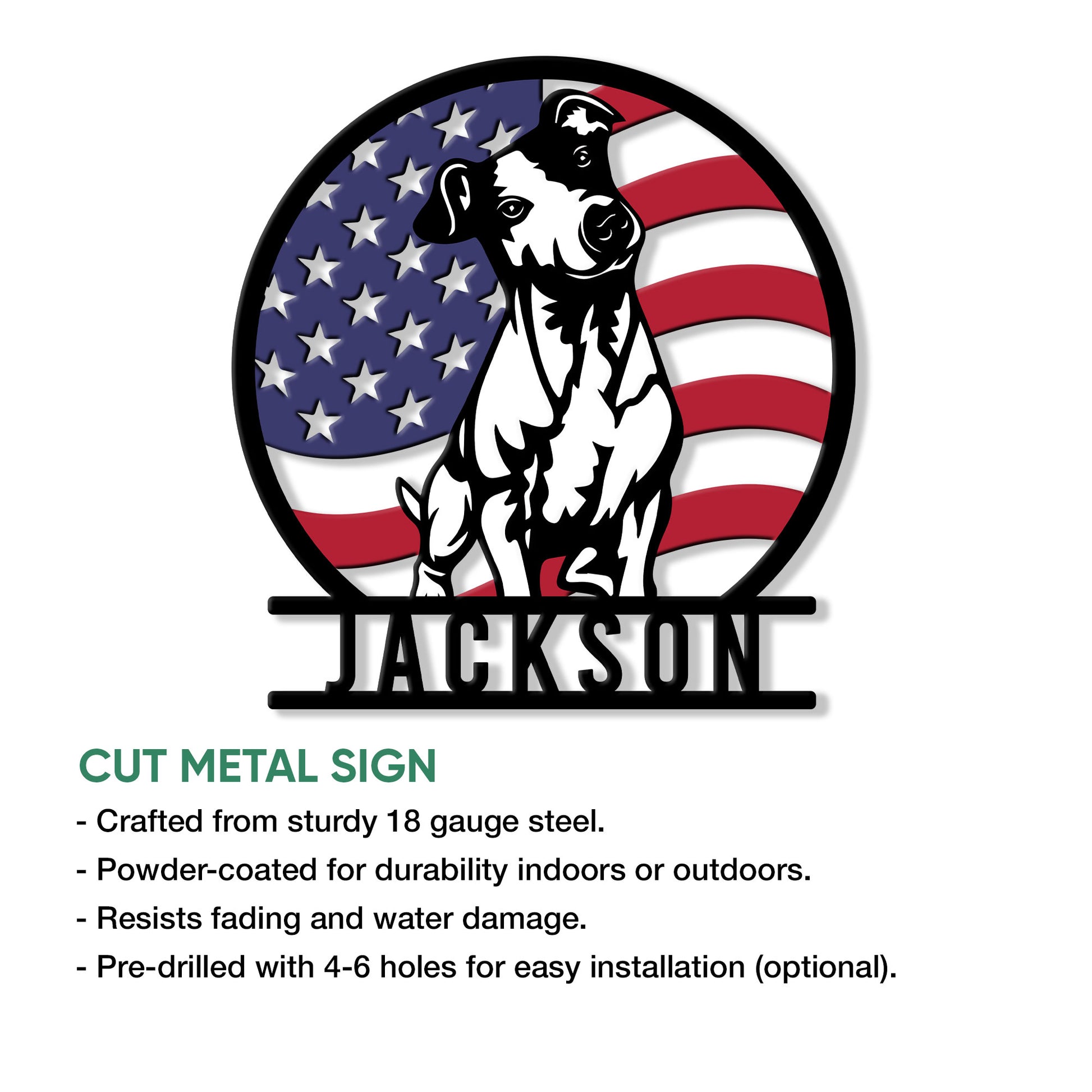Jack Russell metal sign shown with product features for indoor or outdoor display and optional pre-drilled holes