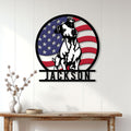 Jack Russell dog metal wall sign displayed on a bright paneled wall above a rustic console table